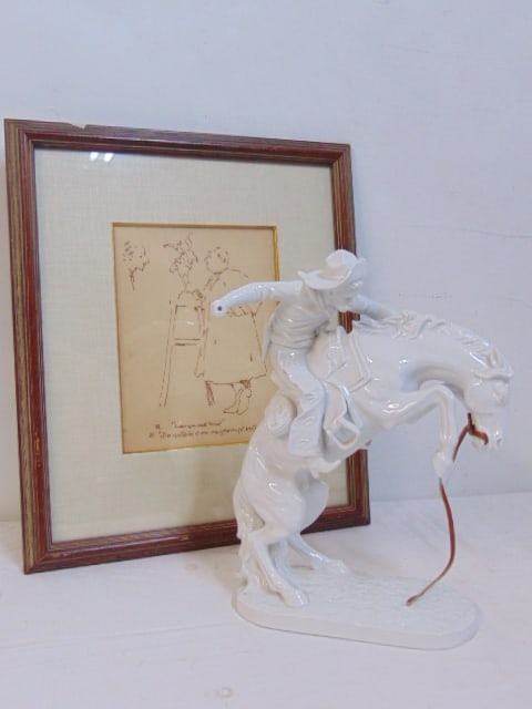 Frederick Remington porcelain figural & framed cartoon, "The Outlaw", "R: Can you cast him?", B: "Do (1 of 6)
