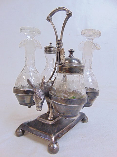 Reed & Barton Victorian condiment set, figural donkey base, 4 etched glass bottles in silver plated (1 of 6)