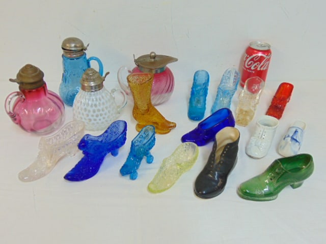4 Victorian glass syrup pitchers & collection of glass shoes, includes 10 glass shoes & 4 ceramic (1 of 8)