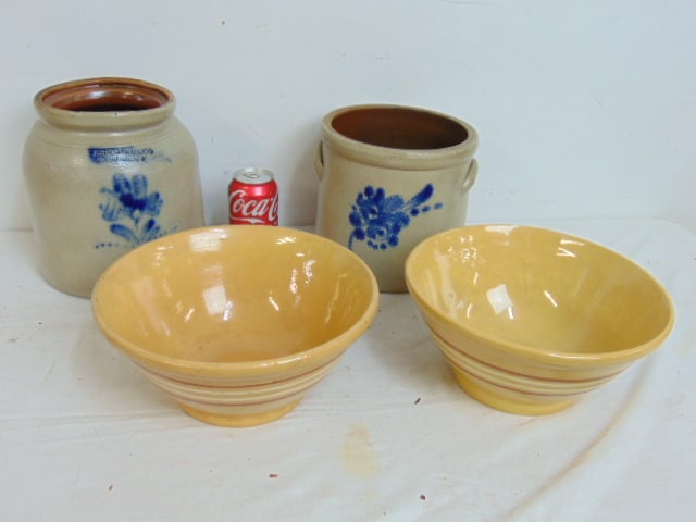 2 stoneware crocks & 2 yellowware bowls, one crock by J.B. Caire & Co, Poughkeepsie, NY, 9" tall, (1 of 8)