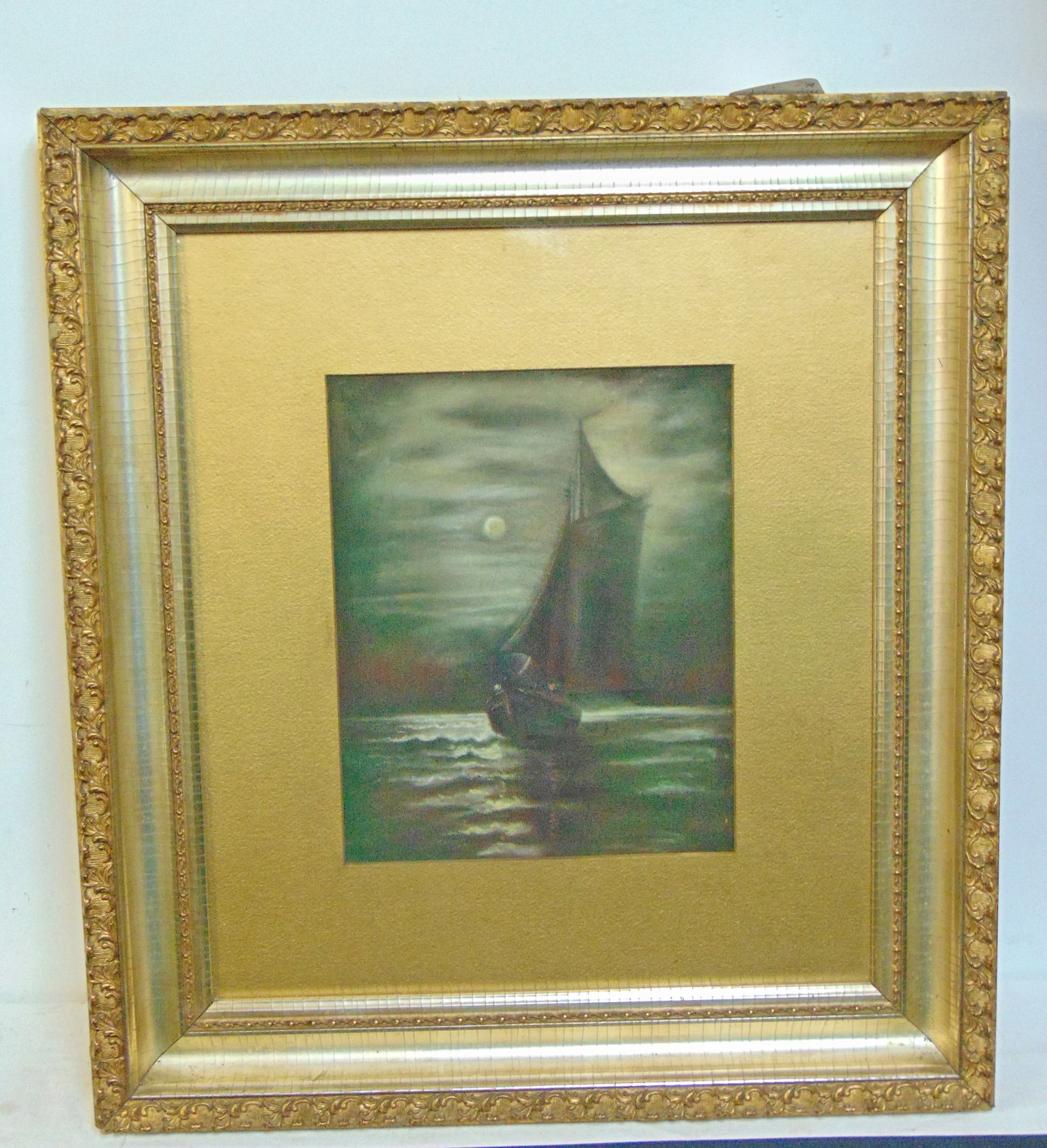Painting, nocturnal seascape with sailboat under moonlit sky, pastel, in fine quality gilt frame,: Painting, nocturnal seascape with sailboat under moonlit sky, pastel, in fine quality gilt frame, unsigned, 13.5" by 10.75" sight, framed size is 27.25" by 24.5"