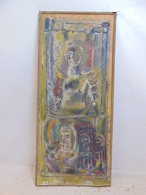 Painting, figures, in mid Century style, unsigned, oil on paper, 57 3/8" by 24.5", has some folding, (1 of 4)