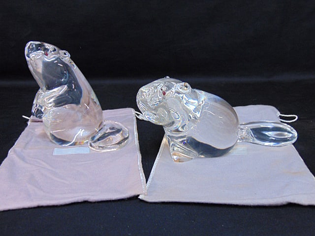 2 large Steuben glass beavers, one beaver is standing upright, height is 5.75", 5" wide, other (1 of 7)