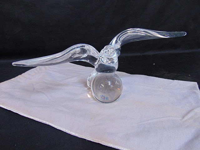 Steuben glass eagle with spread wings poised on a glass ball, 13.25" wide, height is 6 3/8", good (1 of 5)