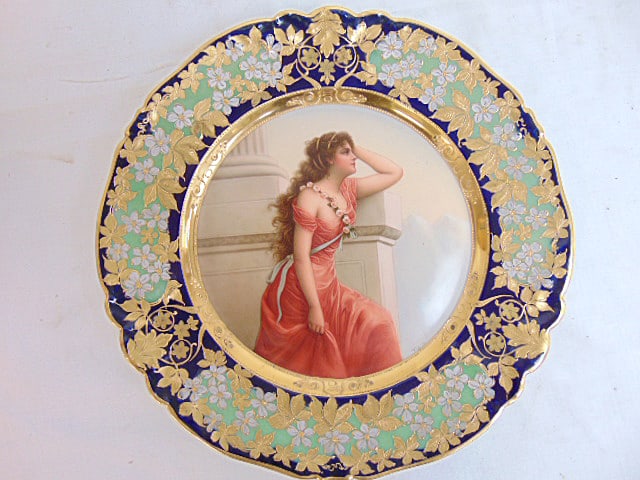 Royal Vienna or Dresden porcelain plate "Sehnsucht", portrait of a woman , with elaborate gilt & (1 of 5)