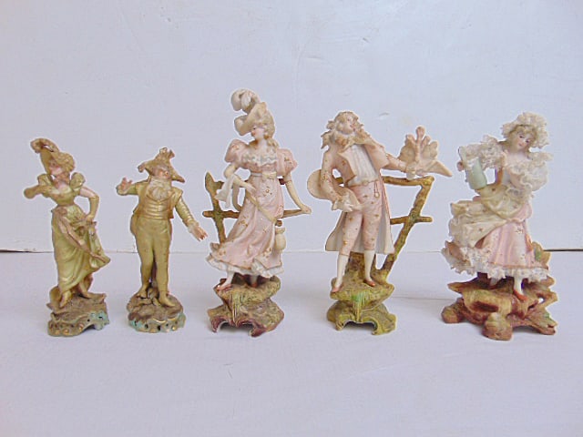 5 French porcelain figurines, 2 pair & single, Dresden style, single figure with Dresden lace (1 of 9)
