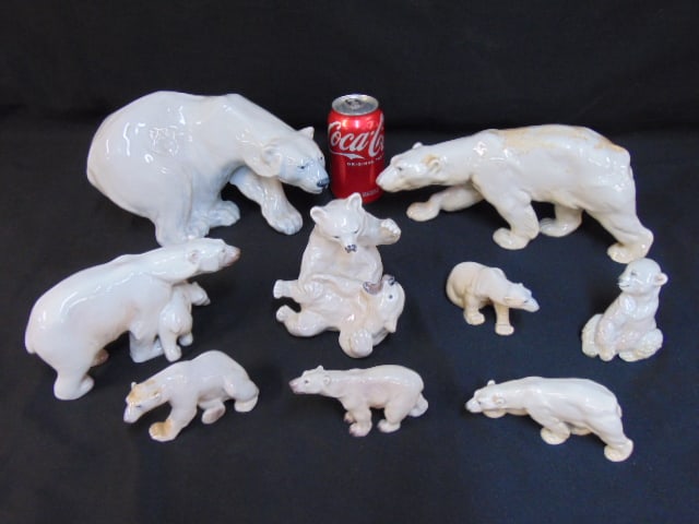 9 porcelain polar bears, Royal Copenhagen, Dahl Jensen & one Rosenthal, includes two figurines of (1 of 13)