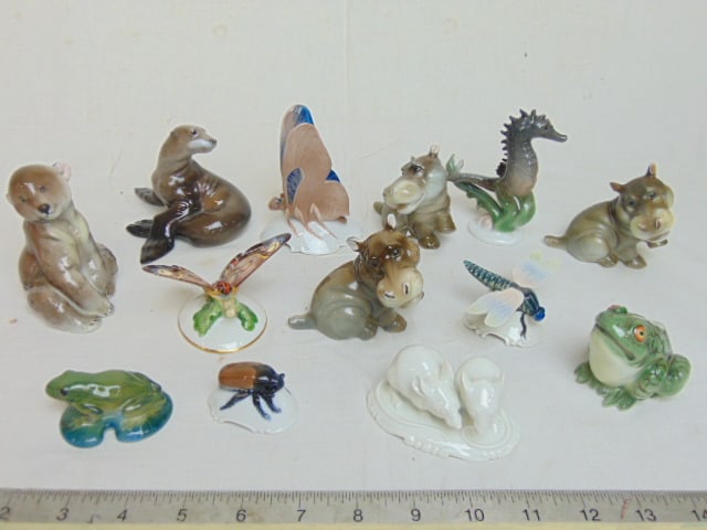 13 small Rosenthal figurines, seal, 3 hippos, bear, butterfly, dragonfly, fogs, seahorse, mice, all (1 of 14)
