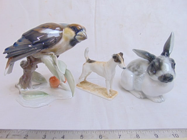 3 porcelain figurines by Rosenthal, bird figurine by Kirsch Kernbeisser, small dog & bunny, bird is (1 of 6)