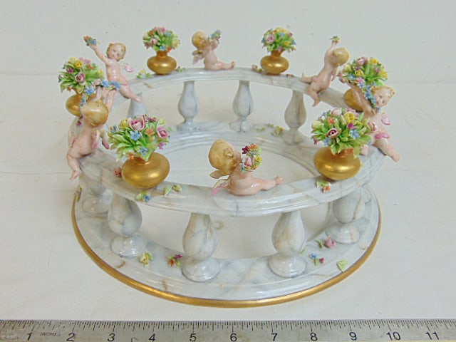Capodimonte ring form figural, faux marble porcelain with applied putti, angels & flowers, diameter (1 of 8)