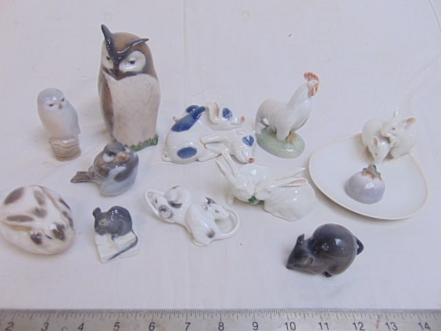 12 pieces of Royal Copenhagen, B&G porcelain figurines, includes rooster, mouse, two owls, two (1 of 15)