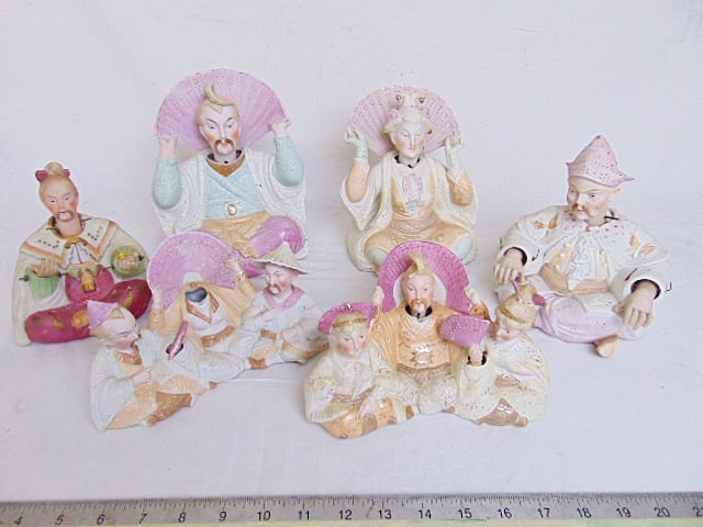 6 bisque porcelain nodders, Chinese figures, two pair & 2 single, one is as is, missing head largest: 6 bisque porcelain nodders, Chinese figures, two pair & 2 single, one is as is, missing head largest nodders (pair) is 6.25" tall