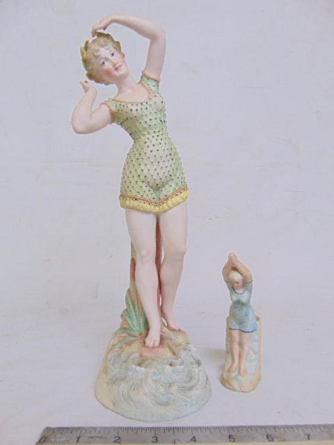 2 bisque porcelain bathing beauty figurines, tall figure is 12.25" tall, small vase figure is 4.75" (1 of 6)