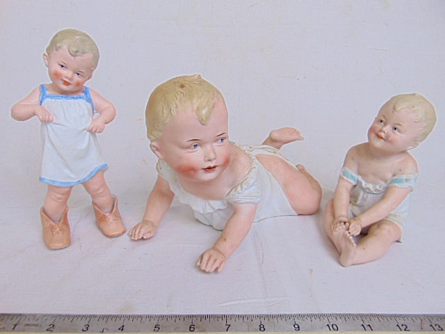 3 bisque porcelain babies, crawling baby, 10" long, 6.75" tall, Heubach toddler in large shoes, (1 of 5)