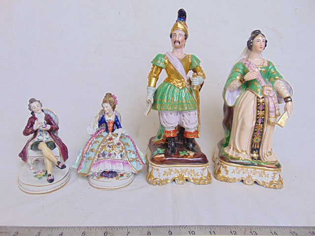 Pair of Schlaggenwald perfume bottles & pair Capodimonte figurines, Lippert & Haas in Schlaggenwald: Pair of Schlaggenwald perfume bottles & pair Capodimonte figurines, Lippert & Haas in Schlaggenwald porcelain figure of man & woman, excellent detail, woman marked L&H (stopper in male figure is stuck