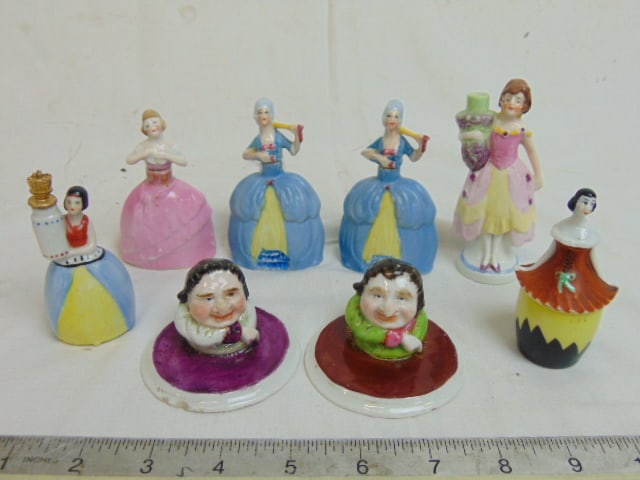6 small figural perfume bottles & pair Dickens style figural lids (chipped) (1 of 9)