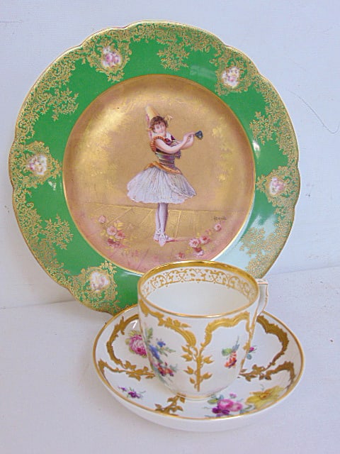 KPM porcelain cup & saucer & Sevres decorative porcelain plate with ballerina scene signed Armand, (1 of 8)