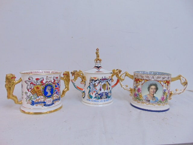 3 piece coronation lot, ornate two handled lidded loving cup designed by Laura Knight commemorating (1 of 12)