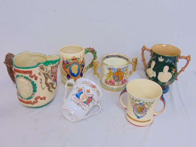 6 pieces of coronation ware, King Edward mugs, two with music box in base, Paragon loving cup May 12 (1 of 18)