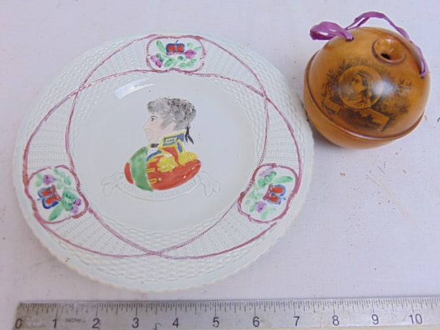 Rare commemorative antique dessert dish featuring a relief molded bust produced for the 1821: Rare commemorative antique dessert dish featuring a relief molded bust produced for the 1821 coronation of King George IV, 8 5/8" in diameter, plus Queen Victoria Mauchline ware sycamore wood ball for