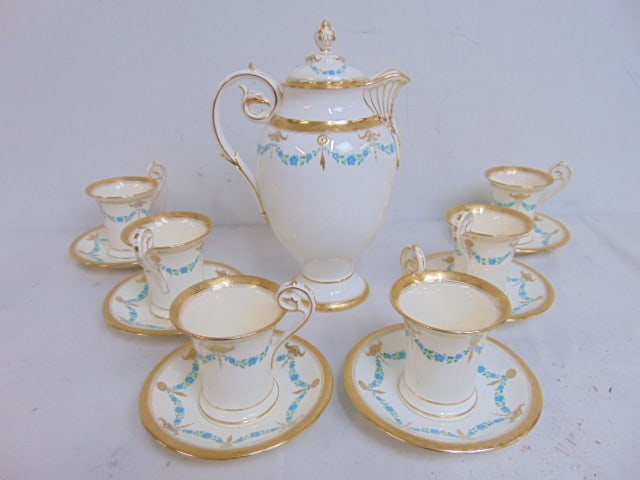 Porcelain chocolate set by Minton's for Tiffany, chocolate pot with blue floral & gilt decorations &: Porcelain chocolate set by Minton's for Tiffany, chocolate pot with blue floral & gilt decorations & 6 cups & saucers, pot is 10.25"