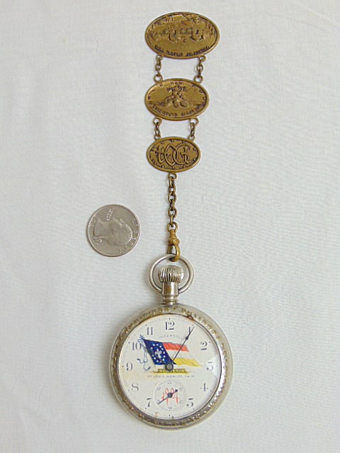 Jewelry. Antique INGERSOLL 1904 St. Louis World's Fair pocket watch w/ brass world's fair fob chain, (1 of 5)