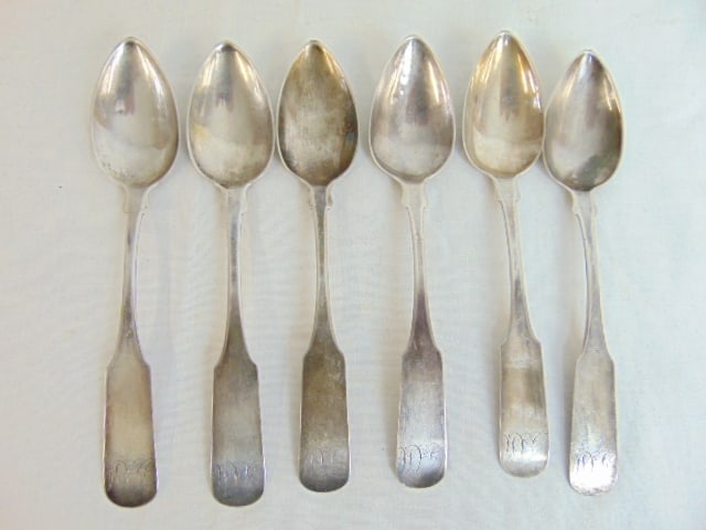 6 Antique coin silver spoons by Cary, Boynton & Woodford, Boston Mass, 2.25 troy oz, monogrammed AAM (1 of 3)