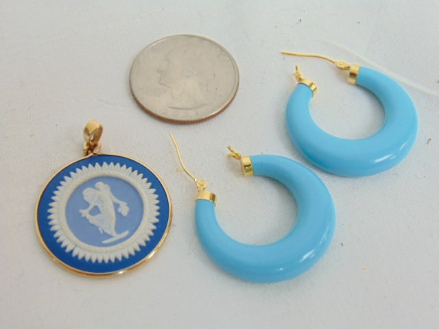 Jewelry. 14kt hoop earrings w/ faux turquoise & Wedgewood pendant w/ 14kt bezel (1 of 4)