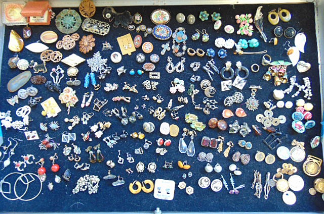Jewelry. Collection of Vintage costume mostly earrings, some pins, sterling 1936 walking Liberty: Jewelry. Collection of Vintage costume mostly earrings, some pins, sterling 1936 walking Liberty coin pendant set in gold tone w/ rhinestones, Italian micro mosaic pcs, & other coin Jewelry see photos