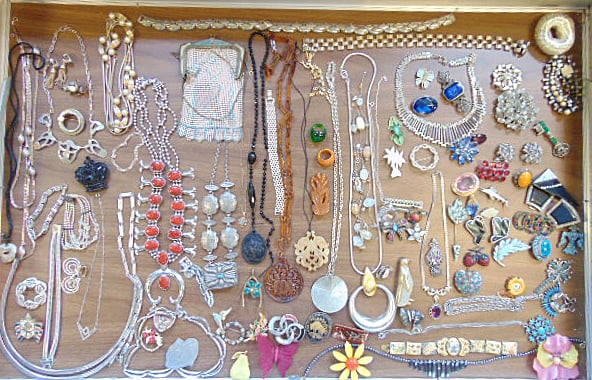 Jewelry. Costume lot rhinestones; silvertone, Victorian gutta-percha mourning cameo as is; amber (1 of 10)