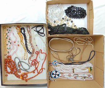 Jewelry. Collection of Vintage necklaces to include black glass beads; Lucite; seed beadwork;