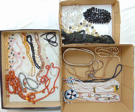 Jewelry. Collection of Vintage necklaces to include black glass beads; Lucite; seed beadwork;: Jewelry. Collection of Vintage necklaces to include black glass beads; Lucite; seed beadwork; crystal beads; chip stone beaded necklaces; Vintage Baltic amber or resin beads; Chinese cloisonne; & more