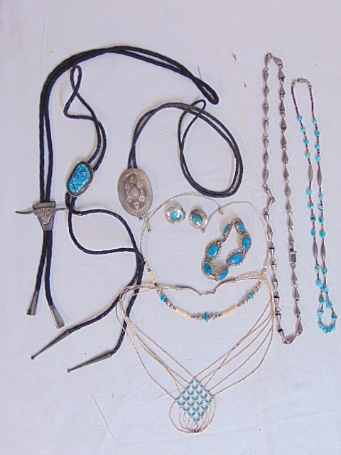 Jewelry. Sterling Bolo ties & other sterling pcs, turquoise bolo signed BENNETT, (1 of 8)