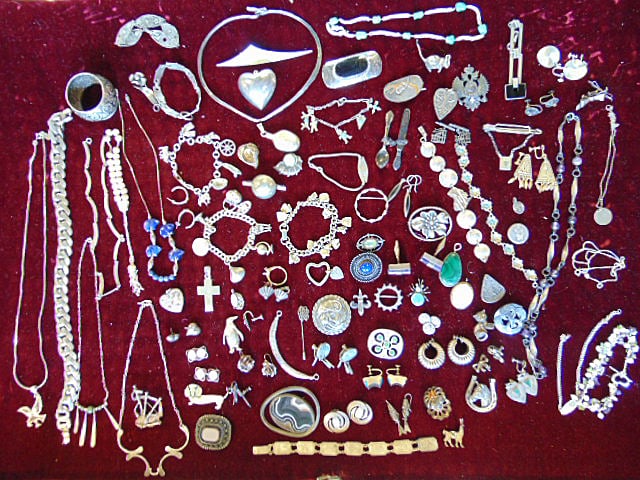 Jewelry. Large lot of sterling & silver tone pcs, charm bracelets, pins, bracelets, necklaces, & (1 of 10)