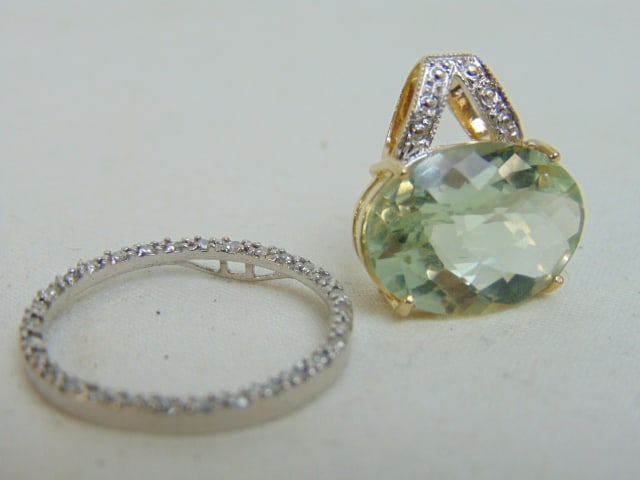Jewelry. 2 pendants, 14k gold faceted oval green quartz stone, 4.50 grams, hallmark 14k & 10k white (1 of 6)