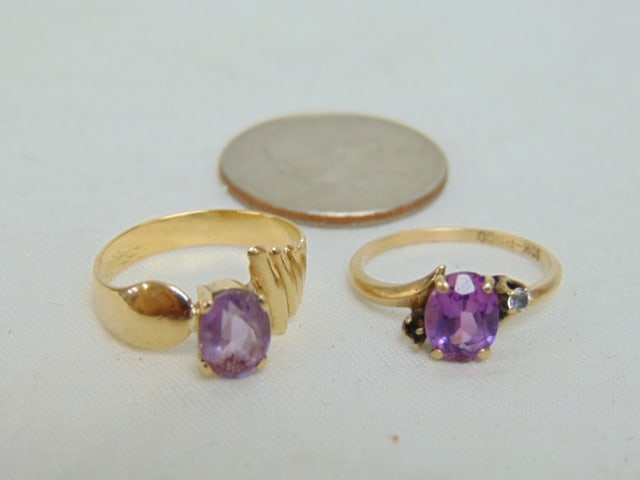 Jewelry. 2 gold rings, tested 14k vintage ring w/ light amethyst, size 6 1/2, 2.50 grams & 10k pink (1 of 5)