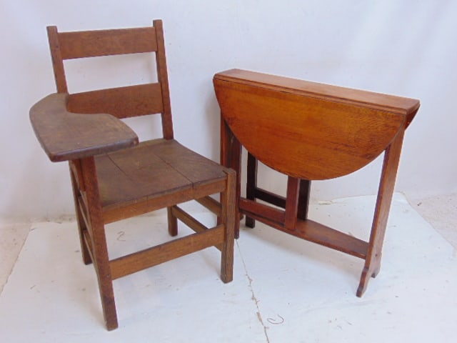 Oak arts & crafts style gate leg table & vintage school desk chair, table is 29.5" wide, height is (1 of 5)
