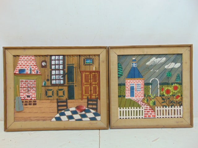 2 rustic wood mosaic lath mixed medias by Theodore deGroot, brick house with sun flowers by fence, (1 of 7)