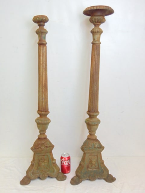 Pair large cast iron church altar candlesticks, sticks are loose, one is missing top, height is 39": Pair large cast iron church altar candlesticks, sticks are loose, one is missing top, height is 39"