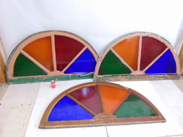 3 antique multi colored half round wooden fanlights with four colored panels, green, blue, orange (1 of 4)