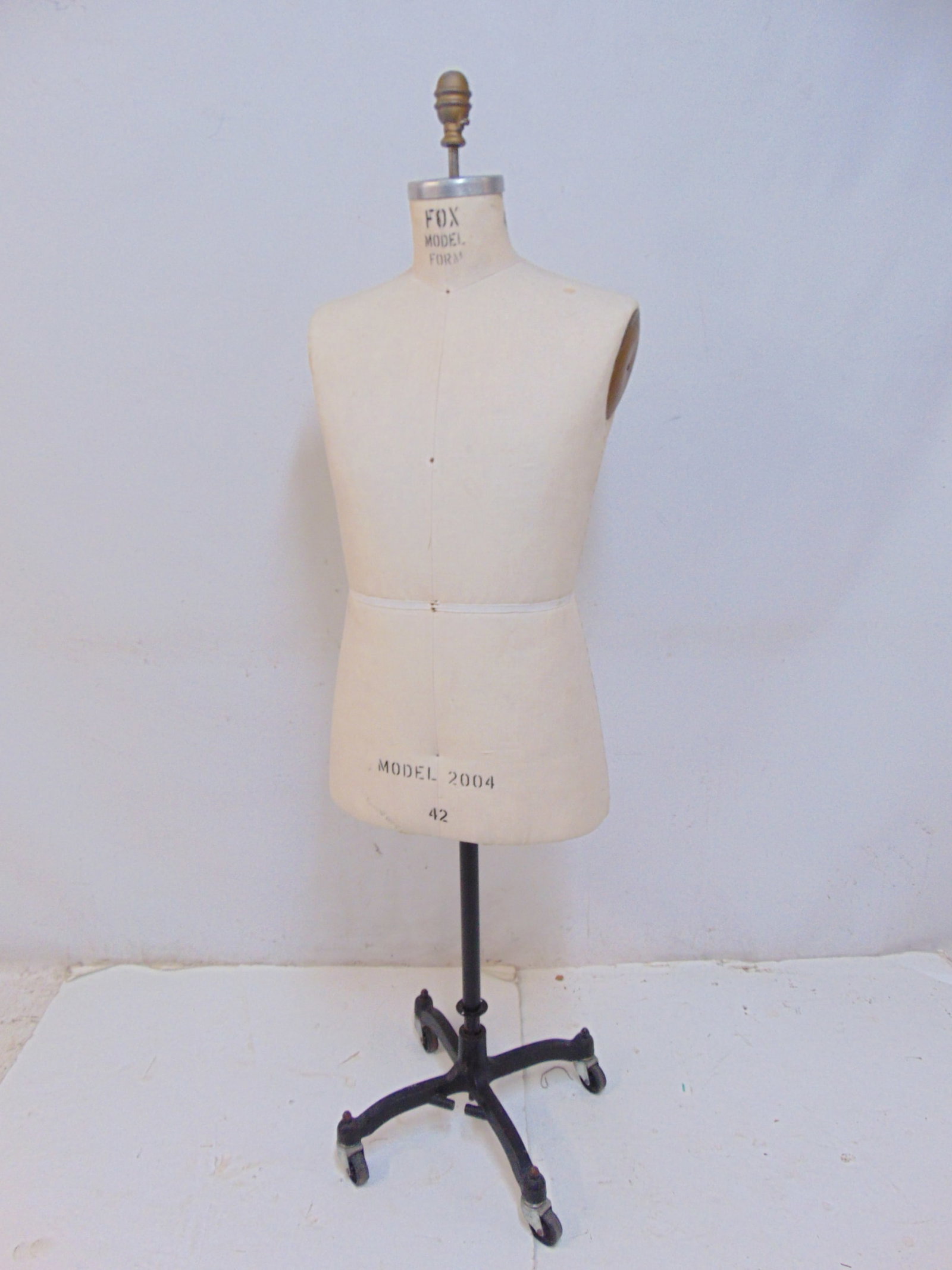 Male dress form, by Fox Sew Mach. model 2004, size 42, on iron base, height is 60" (1 of 5)