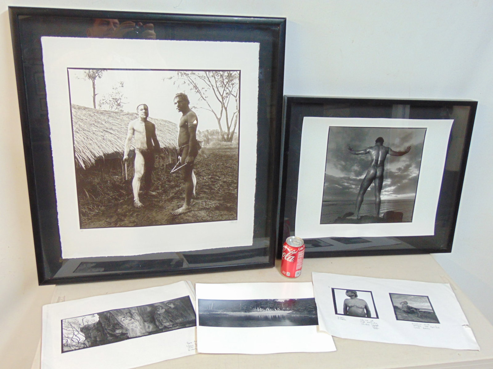 Chris Rainier photograph (Iris prints) lot, two frames & 3 small with personal annotations, gelatin: Chris Rainier photograph (Iris prints) lot, two frames & 3 small with personal annotations, gelatin silver prints, two tribal figures in black & white tones, signed lower right, 29.5" by 27.5" (framed