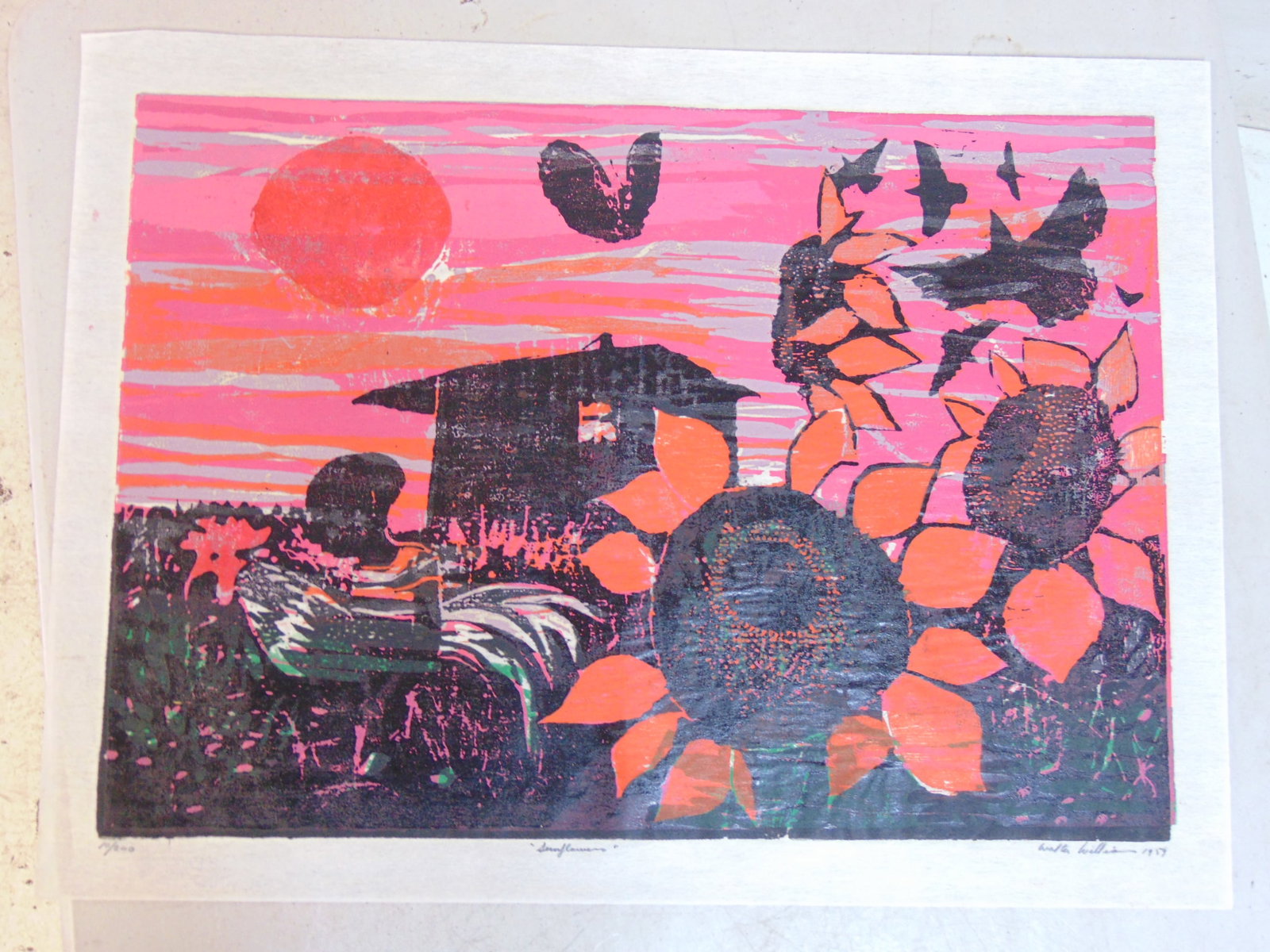 Woodcut in color, "Sunflowers", signed Walter Williams, 1959, edition 10/200, unframed, good conditi (1 of 7)