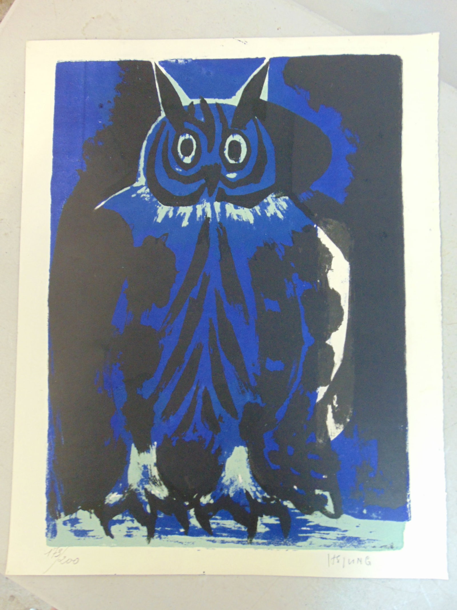 Color lithograph, Owl, signed Hsiung (Ping-Ming), edition 173/200, good colors, condition, unframed,: Color lithograph, Owl, signed Hsiung (Ping-Ming), edition 173/200, good colors, condition, unframed, 19.75" by 15 5/8"