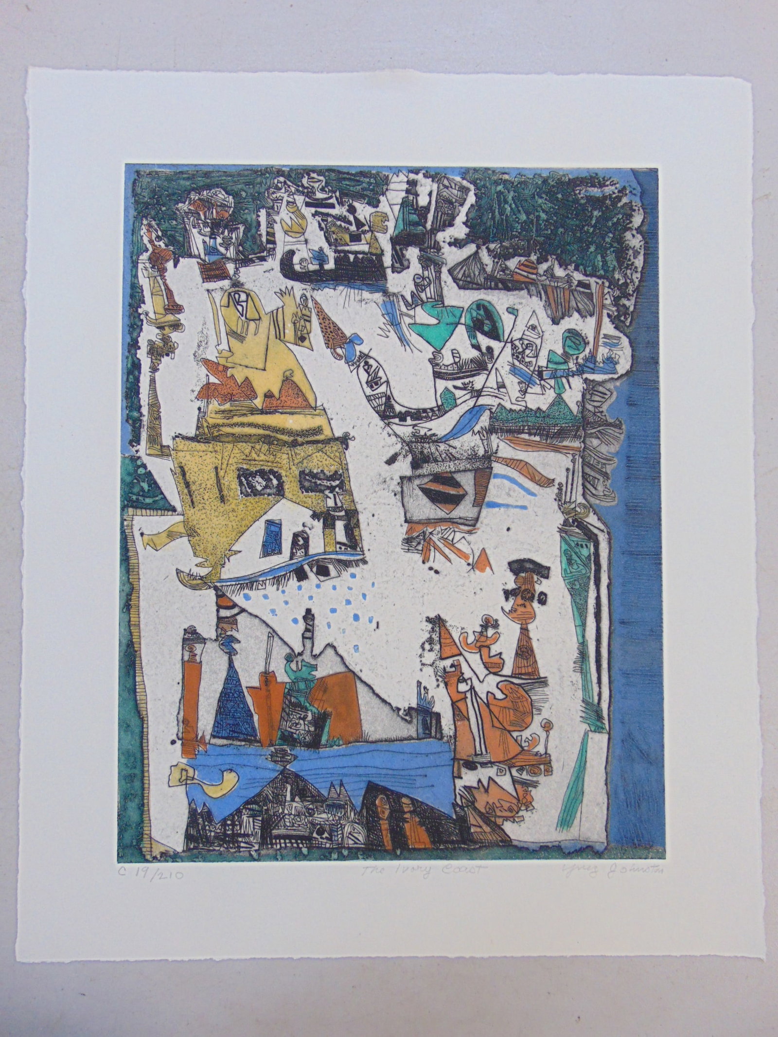 Color etching, "The Ivory Coast", signed Ynez Johnston, edition 19/210, unframed, in good condition, (1 of 7)