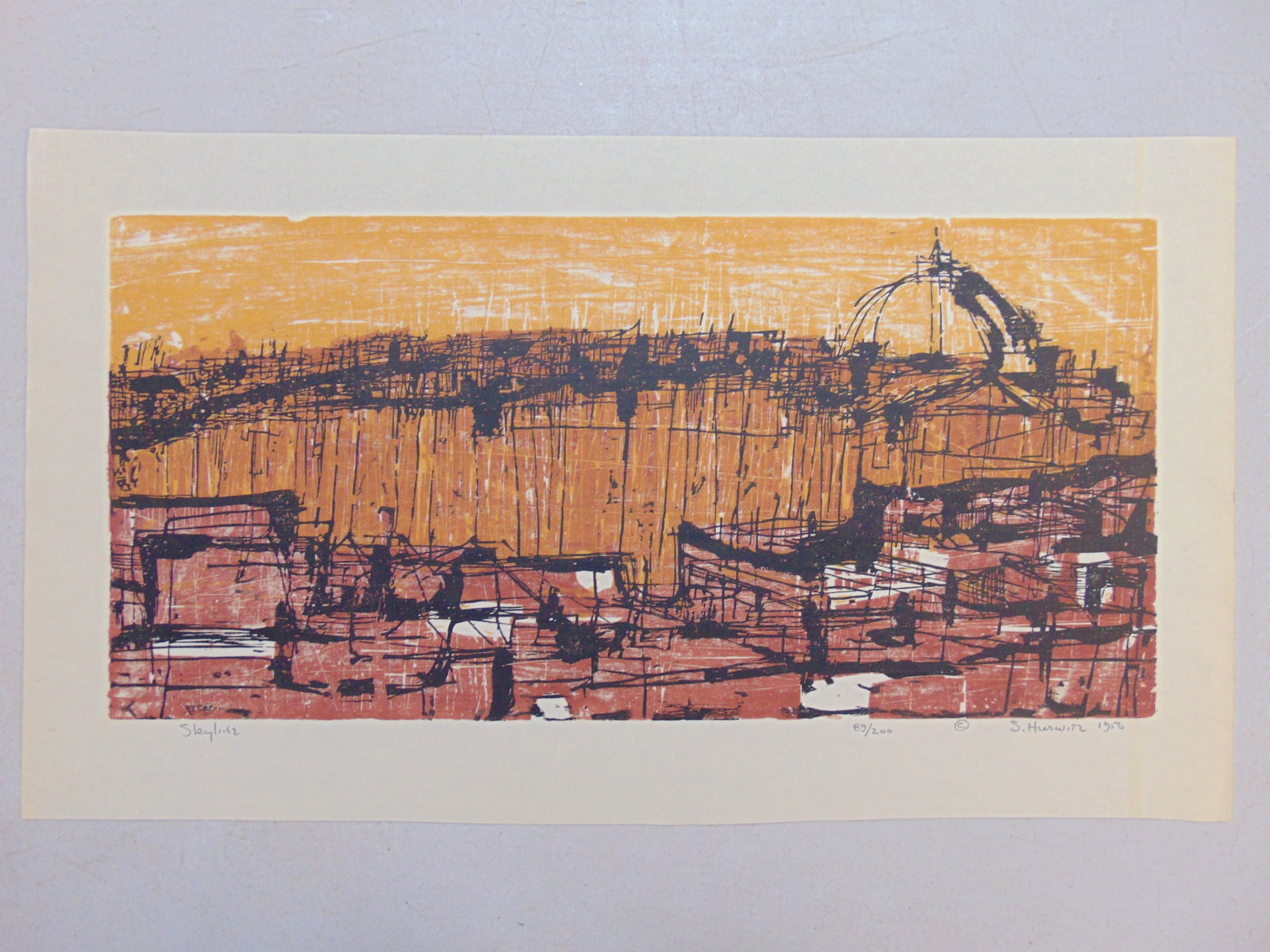 Woodcut print, "Skyline", signed Sidney Hurwitz, 1956, edition 89/200, unframed, 13" by 23": (1 of 6)