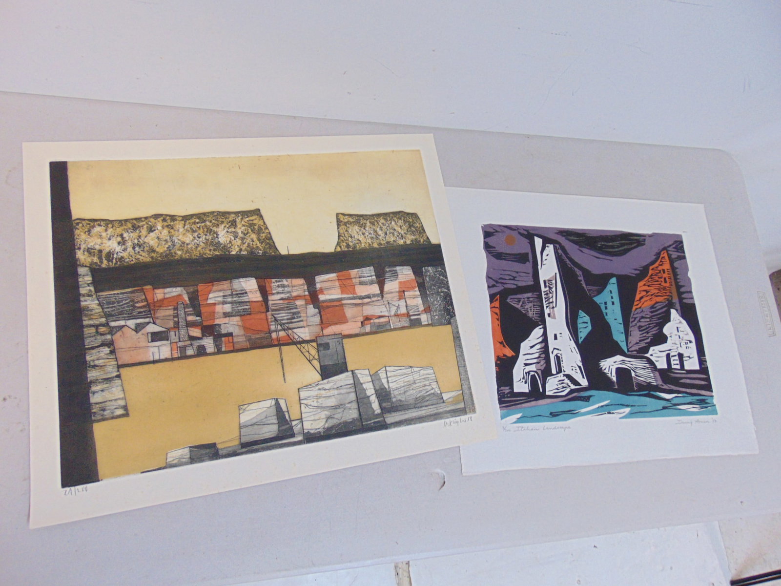 2 prints, Irving Amen & Rudolf Kruger, color woodcut print, "Italian Landscape", by Irving Amen, 195 (1 of 10)