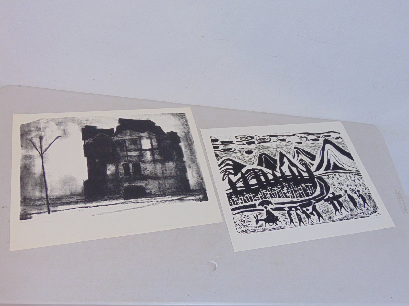 2 prints, Guus de Ruiter & Jenny Dalenoord (Dutch), relief print, "De Stoet", signed Jenny Dalenoord (1 of 8)