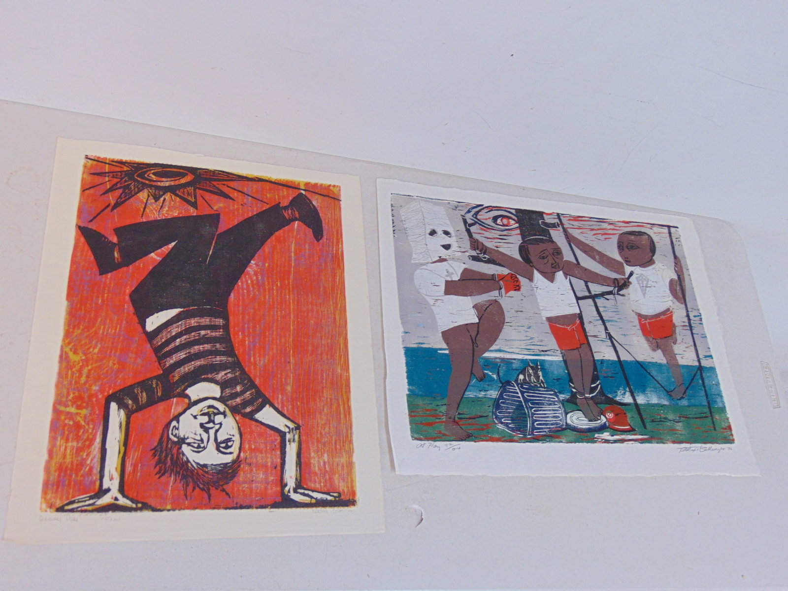 2 color woodcut prints Leona Pierce & R. Maxil Ballinger, both on delicate wove paper, "Sunny Day", (1 of 11)
