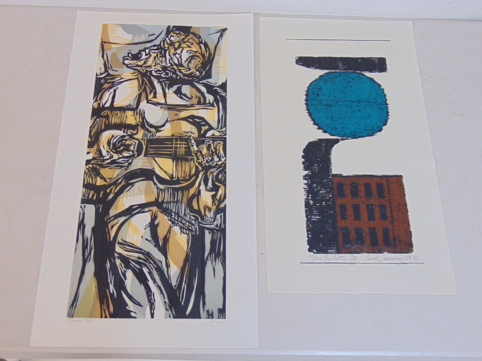 2 color woodcut prints, Carol Summers & Mervin Jules, "The Little City", signed Carol Summers, 1954 (1 of 11)